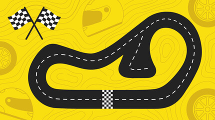 Fototapeta premium Minimalist Racing Track Vector Illustration with Checkered Flags and Yellow Topographic Background