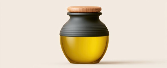 Fototapeta premium Ceramic jar of olive oil isolated, golden liquid in rustic container with wooden lid on light background