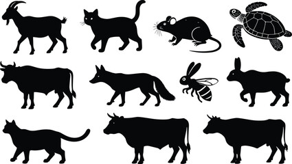 Fototapeta premium Animals silhouettes set including goat walking cat mouse sea turtle bull running fox honey bee and rabbit isolated on a plain white background vector icons collection