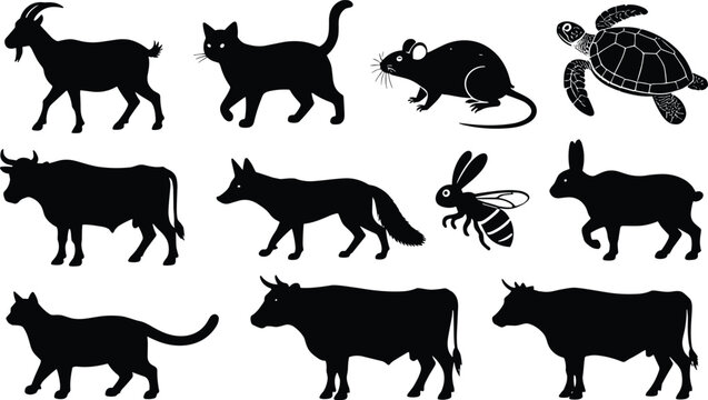 Animals silhouettes set including goat walking cat mouse sea turtle bull running fox honey bee and rabbit isolated on a plain white background vector icons collection