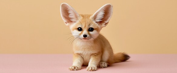Fototapeta premium In a gentle natural light, a small fennec fox with oversized ears rests on a light pastel backdrop.