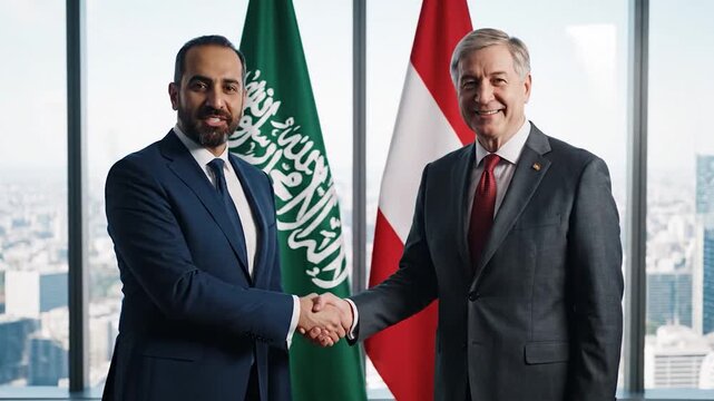 Two suited professionals shake hands in a high-rise office setting