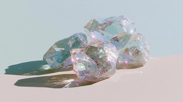 Group of three large, sparkling diamonds on a light blue background. the diamonds are arranged in a scattered manner, with the largest diamond in the center and two smaller diamonds on either side.