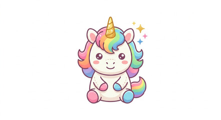 Cute cartoon unicorn with rainbow mane and horn. © pinto