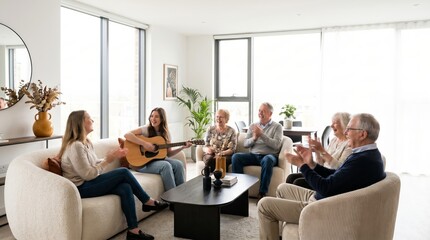 Obraz premium Multigenerational co-living community enjoying a lively social evening with music in a bright shared space