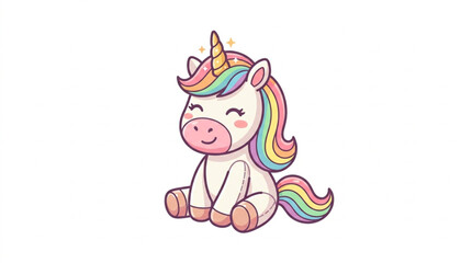Cute cartoon unicorn with rainbow mane and tail sitting. © pinto
