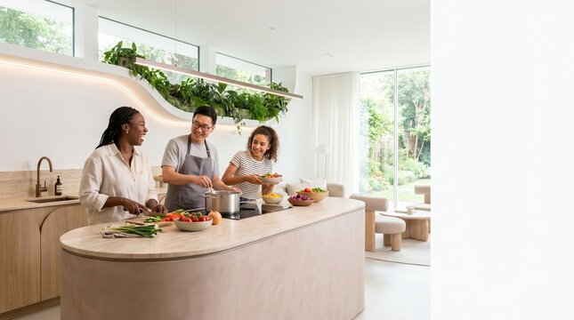 Multigenerational residents cooking a healthy meal together in a bright shared co-living kitchen