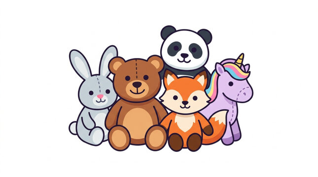 Cute cartoon stuffed animals group illustration.