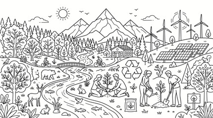 Fototapeta premium Eco-friendly community working together in sustainable village. People planting trees and gardening in green renewable energy town. Illustration of...