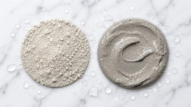 Dry clay powder circle beside wet activated clay mask smear on marble surface, with scattered water droplet, showing skincare product texture comparison flat lay