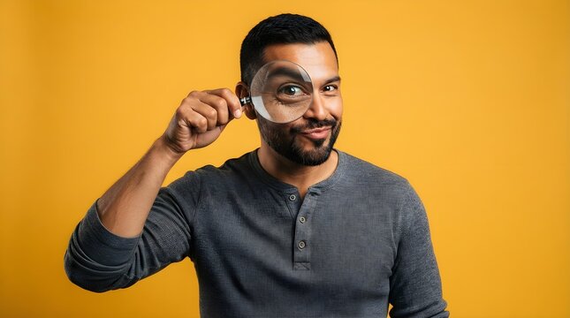 Bearded man holding a large magnifying glass over his eye while wearing a gray shirt against a bright yellow background