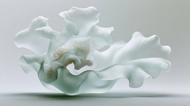 3d rendering of a large, abstract sculpture. the sculpture is made up of multiple layers of white, wavy lines that create a wave-like pattern.