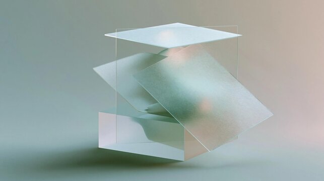 3d rendering of a cube-shaped object. the cube is made up of multiple layers of transparent glass, creating a layered effect. the top layer is a light blue color, while the bottom layer is white.