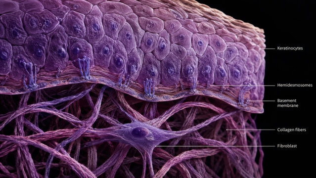 Detailed cross section of human skin layers showing epidermis, basement membrane, collagen fiber, and dermis with fibroblast cell structure