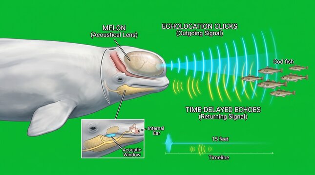 Educational diagram showing beluga whale echolocation and sound waves in ocean