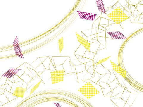 白バックに金色の立方体やライン、赤色や黄色の四角の板が飛んでいる抽象的な背景イラスト