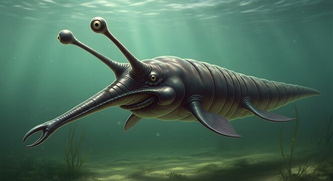 Ancient marine creature with elongated snout swimming in sunlit underwater environment