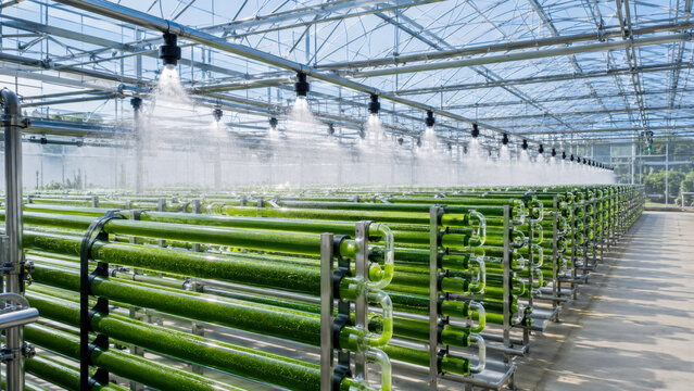 Industrial greenhouse with algae bioreactor tubes, green microalgae cultivation for biofuel research, sustainable biotechnology facility with vertical glass columns under artificial lighting