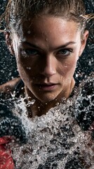 Fototapeta premium Intense female boxer with water splashing around her face during a workout