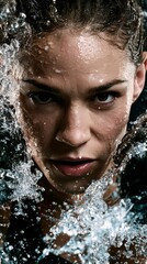 Fototapeta premium Intense woman's face with water splashing around her head and shoulders