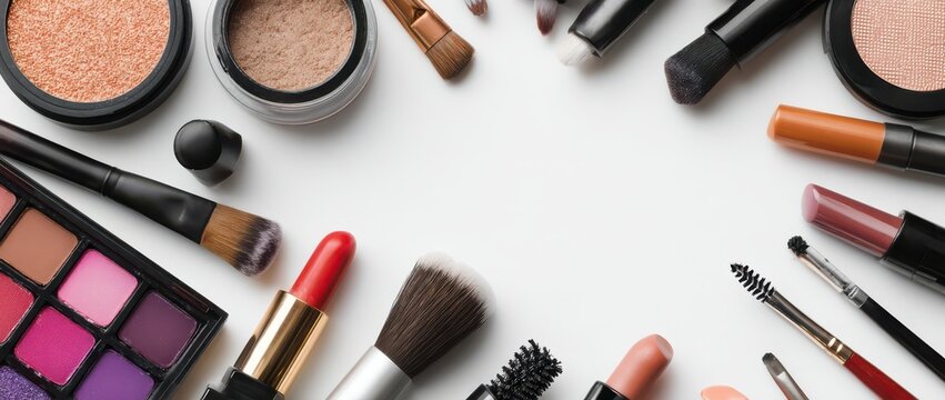 High angle view of makeup palette brushes and lipstick on white background with lipstick cosmetics eyeshadow skincare professional products accessories supplies feminine isolated background