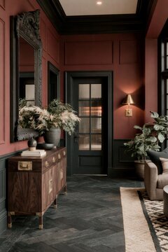 Dark academia hallway featuring bordeaux painted walls, ornate mirror, wooden sideboard, and lush greenery, creating an elegant and inviting interior space