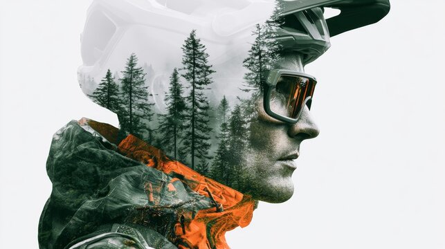 Double exposure of a mountain biker wearing helmet and goggles with forest landscape