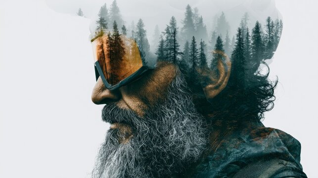 Double exposure of a bearded man wearing ski goggles superimposed with a forest