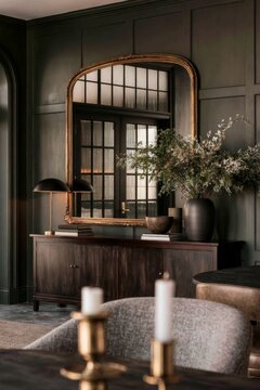 Elegant interior view featuring a dark wooden sideboard, a large ornate mirror, and decorative elements including a lamp and a vase with flowers in a stylish room