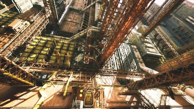futuristic reactor core flooded with amber glow, dense network of pipes and conduits wrapping around central column, reflective metal panels, suspended
