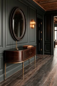 Dark academia hallway featuring deep forest green walls, a vintage wooden console table, round mirror, and warm lighting creating an elegant interior space