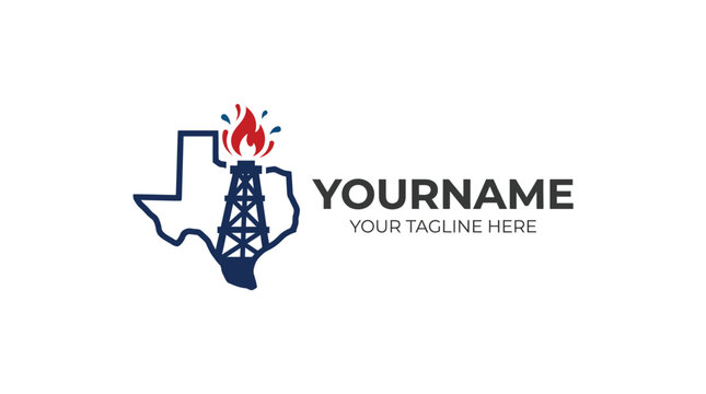 Minimalist vector graphic design featuring a texas oil derrick logo with a vibrant red flame