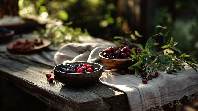 A rustic outdoor berry feast arranged on a weathered wooden table with linen textures and sunlight filtering through leaves