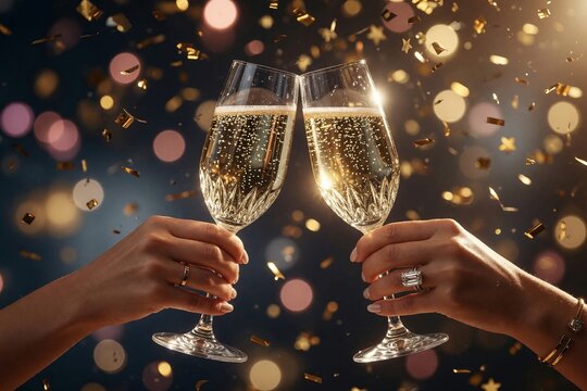 Elegantes Ansto&szlig;en mit Champagnergl&auml;sern zu Silvester, Nahaufnahme