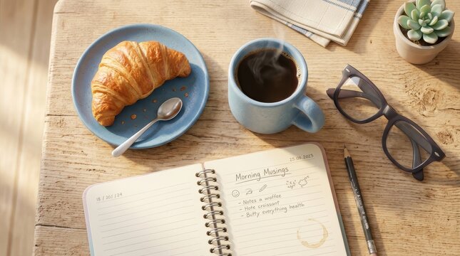 Coffee cup with croissant and notebook on table.
