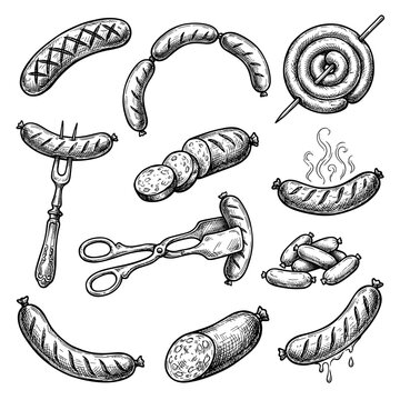 Hand drawn barbecue sausage sketch set, grill bratwurst and slice kielbasa on white background