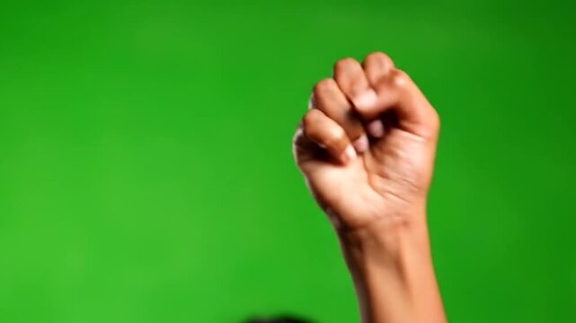 Two hands making mudra gestures against a green screen
