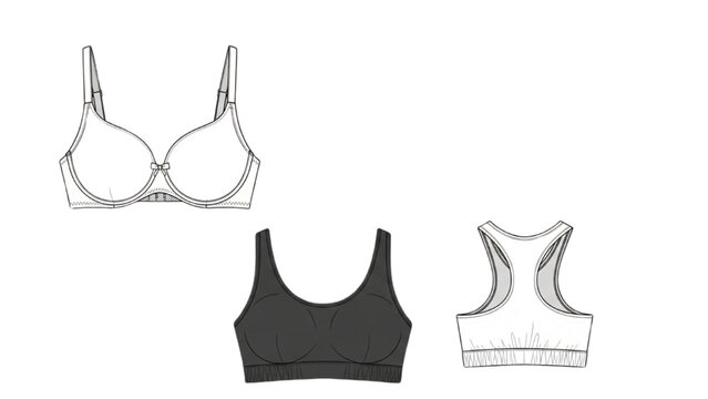 A 2D Vector Illustration of a bra and two types of sports bras