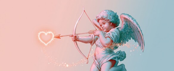 Fototapeta premium A pastel-toned cherub targets a glowing heart arrow, framed by gentle sparkles for a romantic vibe.