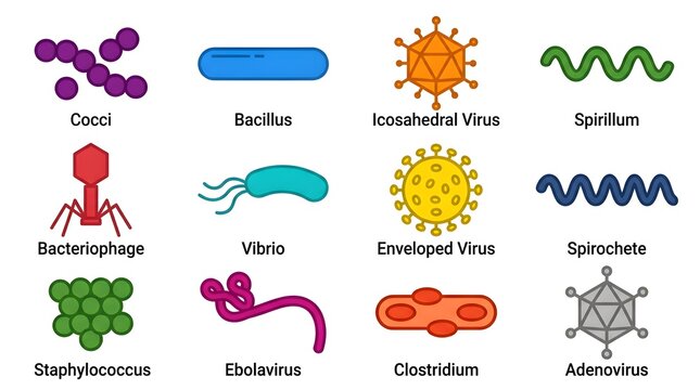 Collection of bacteria, viruses, and microorganisms in flat vector style isolated on white background. Educational medical illustration featuring cocci, bacillus, spirillum, bacteriophage, vibrio, ade