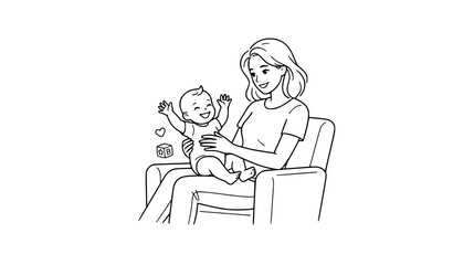 Fototapeta premium Minimal Mother and Baby Lap Play Line Art Vector Black and White Family Illustration