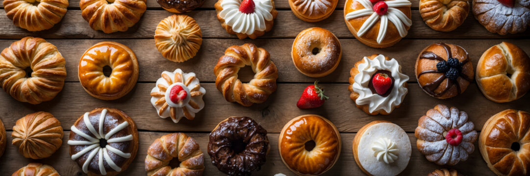 Wide banner with copy space for text sweet homemade Dessert Bakery pastry background AI Generative