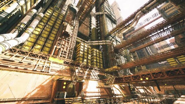 sunlit industrial atrium with towering vertical structures, warm highlights on metal columns, open volume and intricate scaffolding, optimistic factory