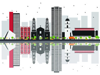 Obraz premium Guadalajara Mexico City Skyline Flat Vector Illustration with Water Reflection