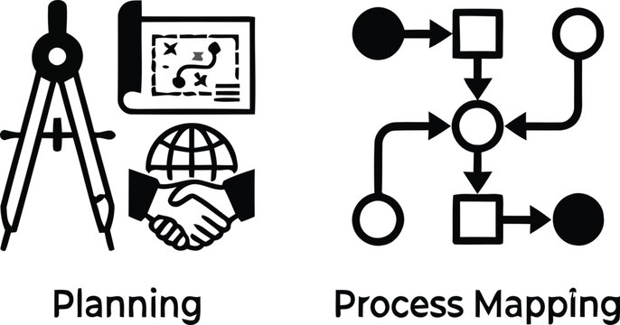 Drafting compass world map with handshake and process mapping icons on a white background silhouette blueprint cartography chart