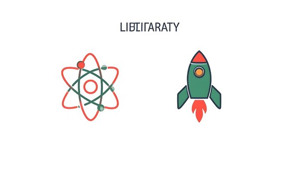Minimalist vector icons of an atom and a space rocket.