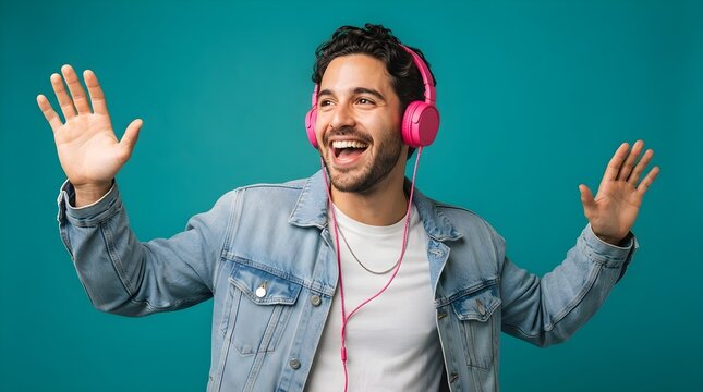 Cheerful young man wearing bright pink headphones dancing and listening to his favorite music against a vibrant solid teal background