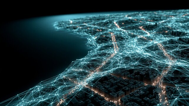 Abstract glowing blue global network connection mapping a digital futuristic cityscape structure.