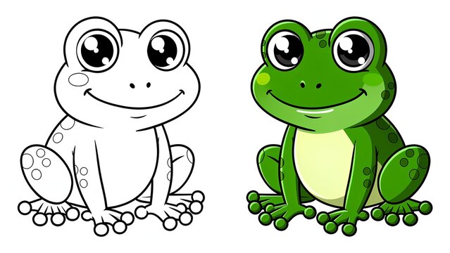 Cute cartoon frog illustration in color and black and white