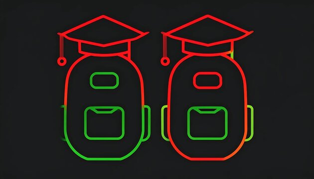 Neon glowing backpacks with graduation caps on dark background.